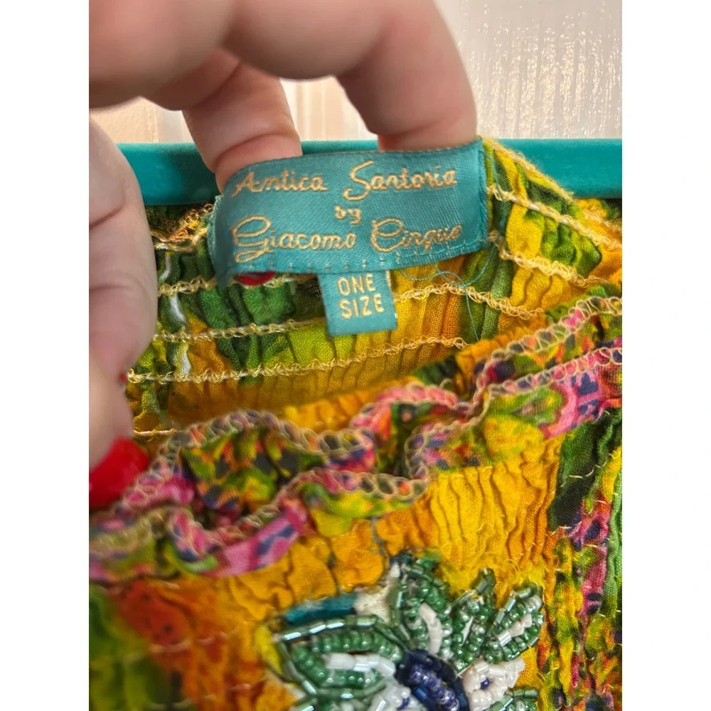 Antica Sartoria Dress Yellow Patchwork Lemon Beaded Tassel Boho Summer Kids OS